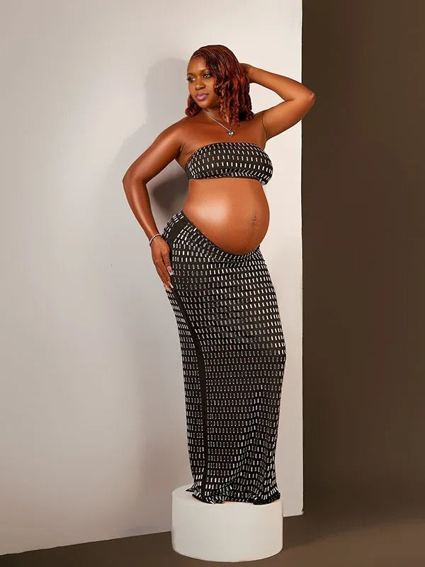 Momnfancy Black Rhinestone 2-in-1 Bandeau Crop Bodycon Photoshoot Maternity Maxi Dress