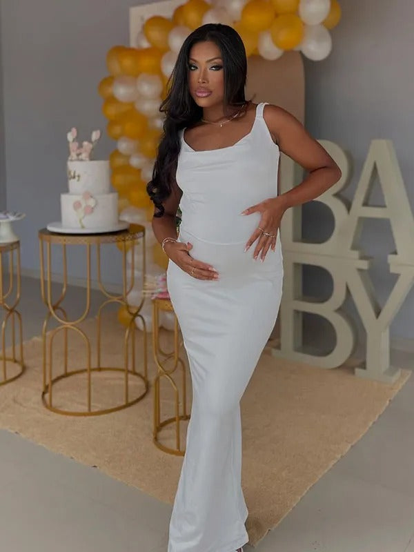 Momnfancy White Backless Bowknot Bodycon Party Baby Shower Maternity Maxi Dress