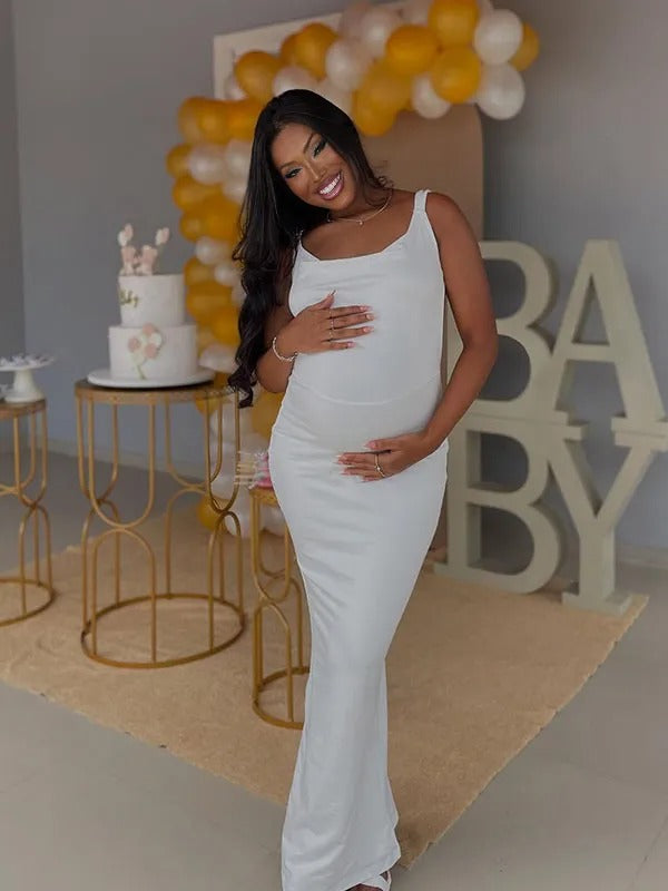 Momnfancy White Backless Bowknot Bodycon Party Baby Shower Maternity Maxi Dress