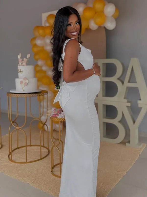 Momnfancy White Backless Bowknot Bodycon Party Baby Shower Maternity Maxi Dress