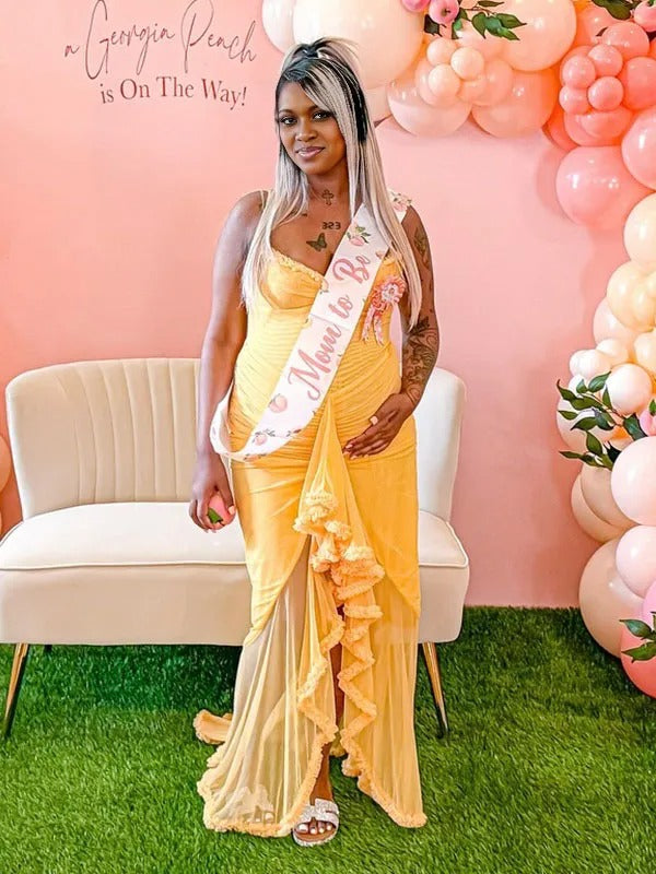Momnfancy Yellow Mesh Ruffle Irregular Bodycon Mermaid Party Evening Gown Baby Shower Maternity Maxi Dress