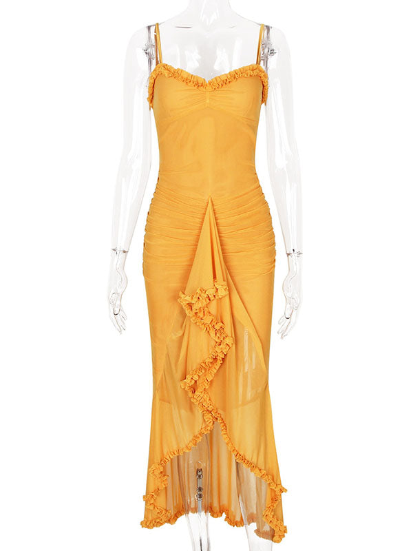 Momnfancy Yellow Mesh Ruffle Irregular Bodycon Mermaid Party Evening Gown Baby Shower Maternity Maxi Dress