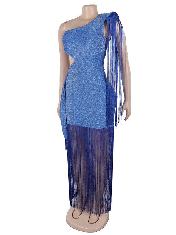 Momnfancy Blue Bright Wire Tassel Cloak Sleeve One Shoulder Bodycon Evening Gown Baby Shower Maternity Maxi Dress