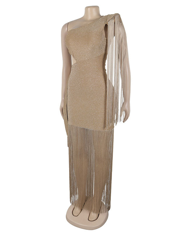 Momnfancy Bright Wire Tassel Cloak Sleeve One Shoulder Bodycon Evening Gown Baby Shower Maternity Maxi Dress