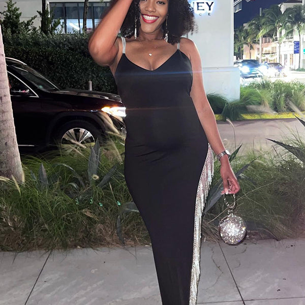 Momnfancy Spaghetti Strap Hotfix Rhinestones Maternity Maxi Dresses