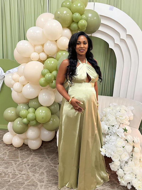 Momnfancy Stain Halter Neck Side Slit Cut Out Party Gown Baby Shower Maternity Maxi Dresses