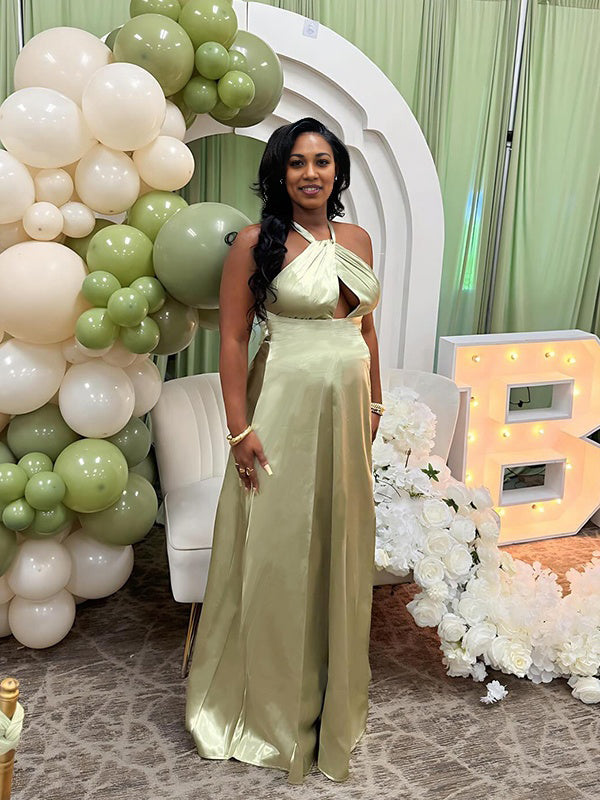 Momnfancy Stain Halter Neck Side Slit Cut Out Party Gown Baby Shower Maternity Maxi Dresses