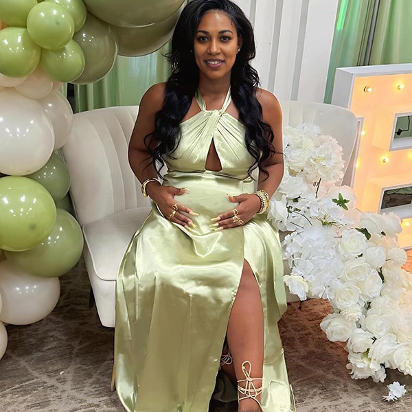 Momnfancy Stain Halter Neck Side Slit Cut Out Party Gown Baby Shower Maternity Maxi Dresses