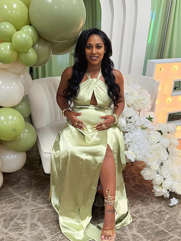 Momnfancy Stain Halter Neck Side Slit Cut Out Party Gown Baby Shower Maternity Maxi Dresses