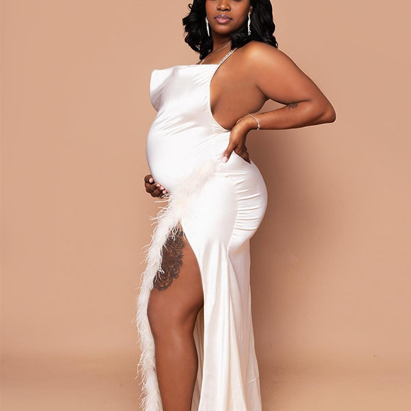 Momnfancy Spaghetti Strap Side Slit Feather Splicing Photoshoot Maternity Maxi Dresses