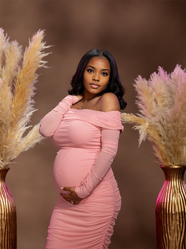 Momnfancy Boat Neck Ruched Maternity Maxi Dresses