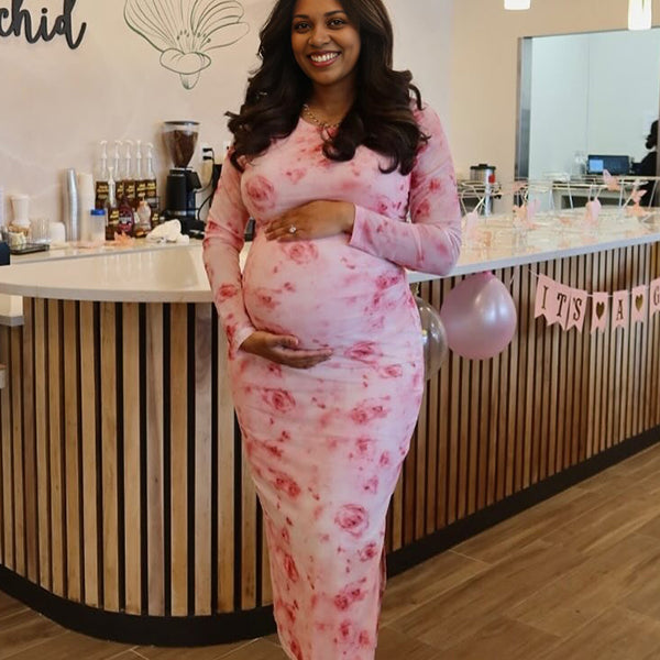 Momnfancy Ruched Bodycon Printing Maternity Maxi Dresses