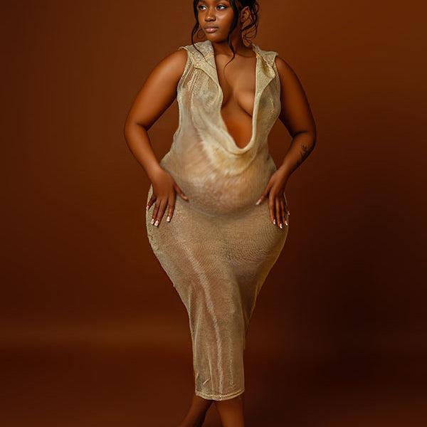 Momnfancy Mesh Sequins Bodycon Sheer Deep V-Neck Evening Gown Photoshoot Maternity Maxi Dress