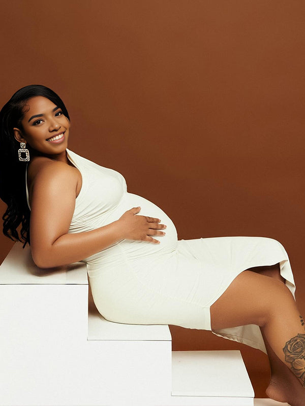 Momnfancy White One Shoulder Side Slit Bodycon Irregula Photoshoot Maternity Maxi Dress