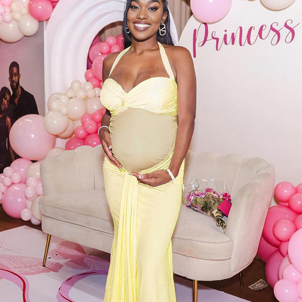 Momnfancy Halter Neck Backless Baby Shower Bodycon Maternity Maxi Dress