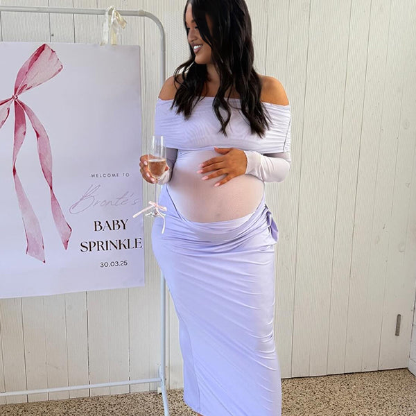 Momnfancy Boat Neck Sheer Maternity Maxi Dress