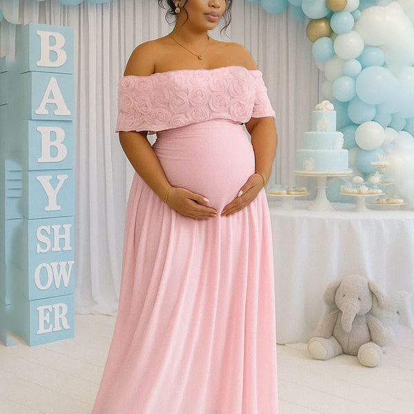 Momnfancy Pink Off Shoulder 3D Flowers Ruched Baby Shower Maternity Maxi Dress