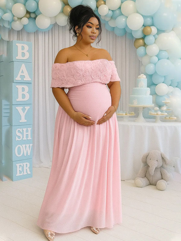 Momnfancy Pink Off Shoulder 3D Flowers Ruched Baby Shower Maternity Maxi Dress