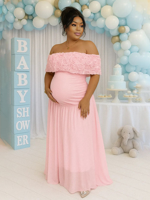 Momnfancy Pink Off Shoulder 3D Flowers Ruched Baby Shower Maternity Maxi Dress