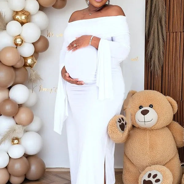 Momnfancy Solid Color Off Shoulder Bodycon Mermaid Party Gown Baby Shower Maternity Maxi Dress