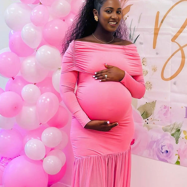 Momnfancy Off Shoulder Mesh Bodycon Mermaid Party Gown Baby Shower Maternity Maxi Dress