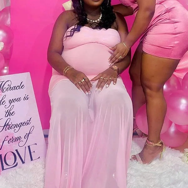 Momnfancy Pink Bandeau Tulle Splicing Bodycon Split Party Gown Baby Shower Maternity Maxi Dress