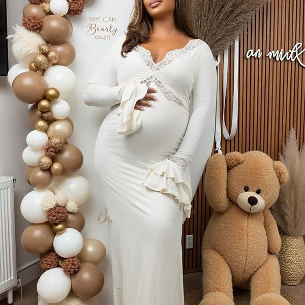 Momnfancy White Lace Splicing Ruched Lace-up Bodycon Mermaid Party Gown Baby Shower Maternity Maxi Dress