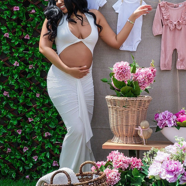 Momnfancy White Crop Ruched Bodycon Cut Out V-Neck Photoshoot Maternity Maxi Dress