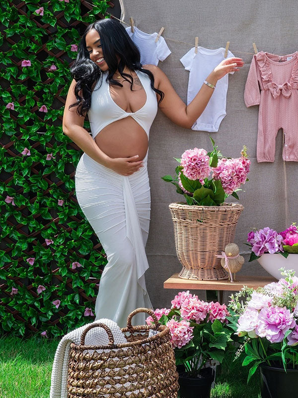 Momnfancy White Crop Ruched Bodycon Cut Out V-Neck Photoshoot Maternity Maxi Dress