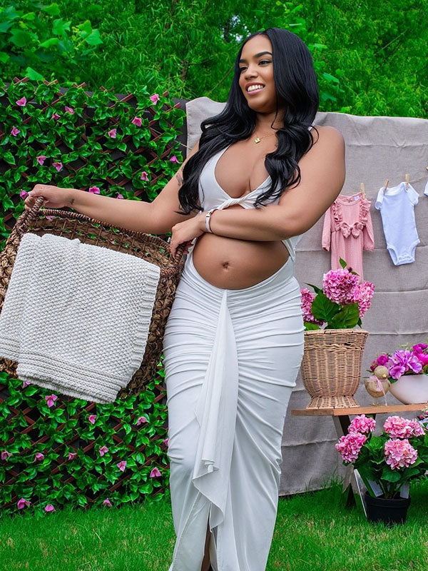 Momnfancy White Crop Ruched Bodycon Cut Out V-Neck Photoshoot Maternity Maxi Dress