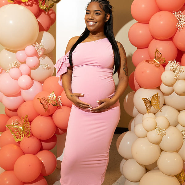 Momnfancy Lace-up Bowknot Bodycon Oblique Shoulder Maternity Maxi Dress