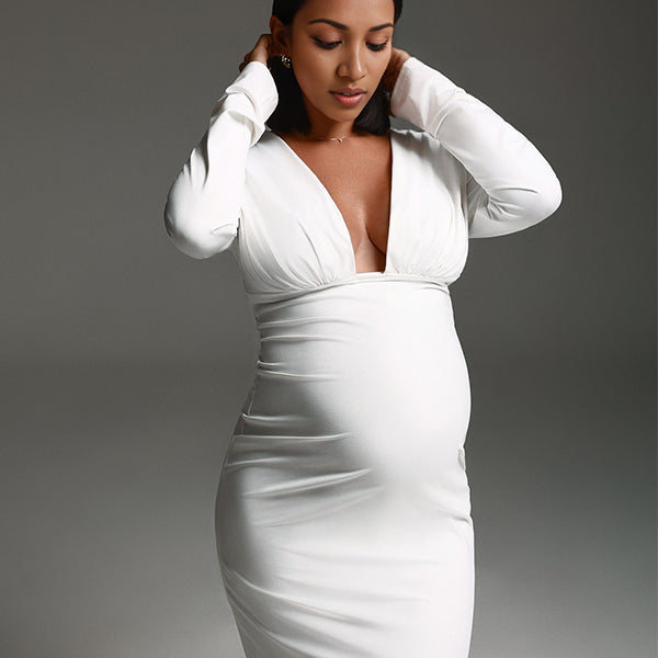 Momnfancy Plunging Neckline Bodycon Trailing Maternity Maxi Dress