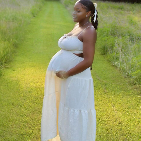 Momnfancy Spaghetti Strap Splicing Cut-out Maternity Maxi Dress