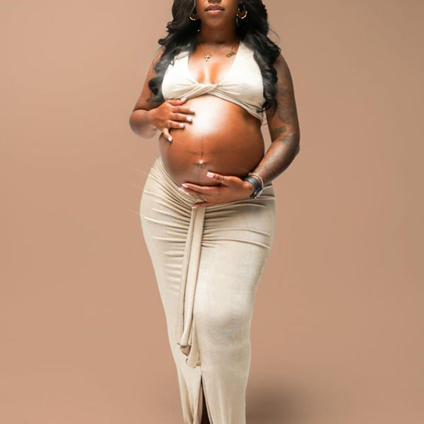 Momnfancy Khaki Cross Chest Ruched Crop Draped 2-in-1 Bodycon Photoshoot Maternity Maxi Dress