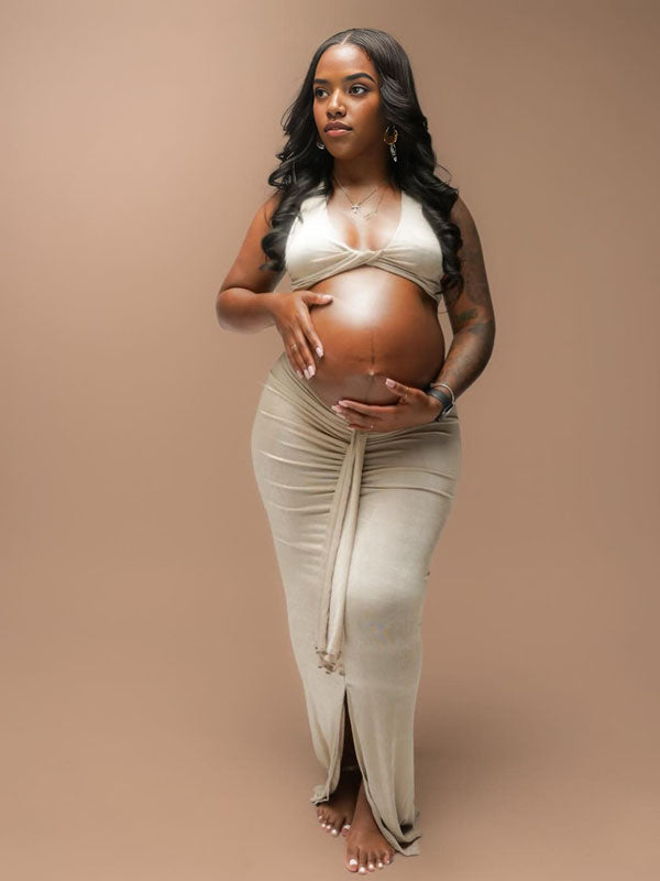 Momnfancy Khaki Cross Chest Ruched Crop Draped 2-in-1 Bodycon Photoshoot Maternity Maxi Dress