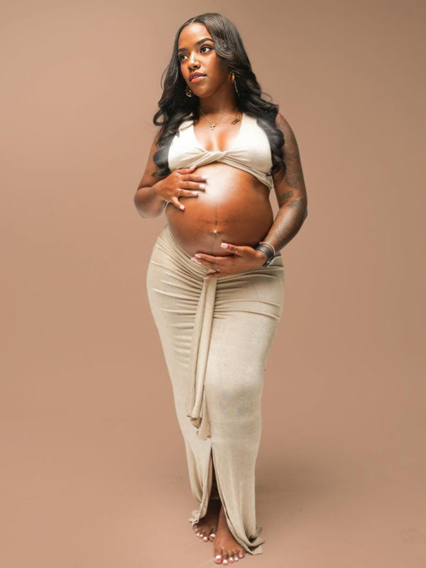 Momnfancy Khaki Cross Chest Ruched Crop Draped 2-in-1 Bodycon Photoshoot Maternity Maxi Dress