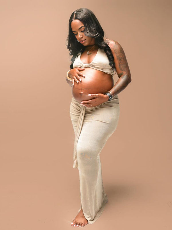 Momnfancy Khaki Cross Chest Ruched Crop Draped 2-in-1 Bodycon Photoshoot Maternity Maxi Dress