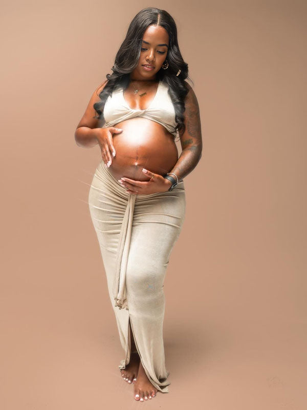 Momnfancy Khaki Cross Chest Ruched Crop Draped 2-in-1 Bodycon Photoshoot Maternity Maxi Dress