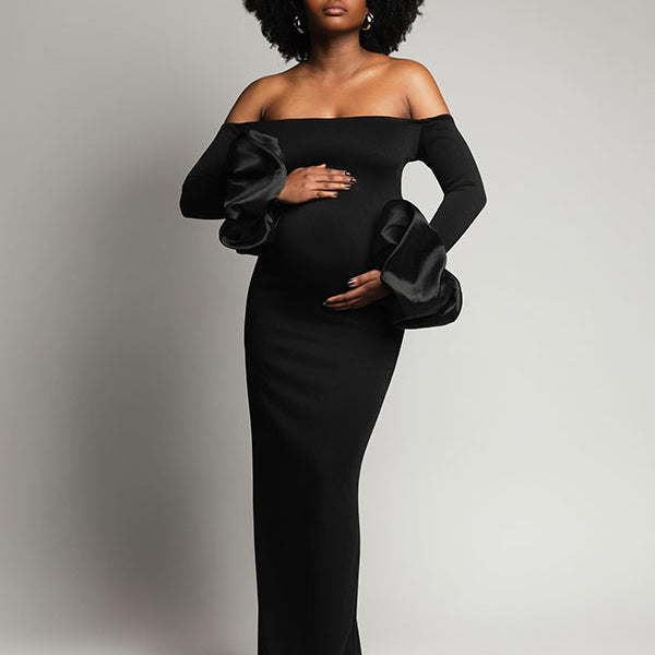 Momnfancy Black Off Shoulder Ruffle Flare Sleeve Bodycon Photoshoot Maternity Maxi Dress