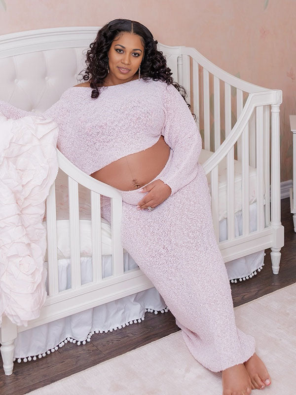 Momnfancy Pink Off Shoulder Knitwear 2-in-1 Crop Bodycon Photoshoot Maternity Maxi Dress