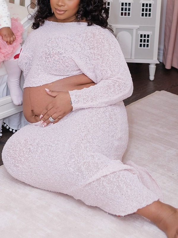 Momnfancy Pink Off Shoulder Knitwear 2-in-1 Crop Bodycon Photoshoot Maternity Maxi Dress