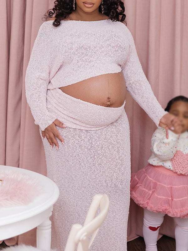 Momnfancy Pink Off Shoulder Knitwear 2-in-1 Crop Bodycon Photoshoot Maternity Maxi Dress