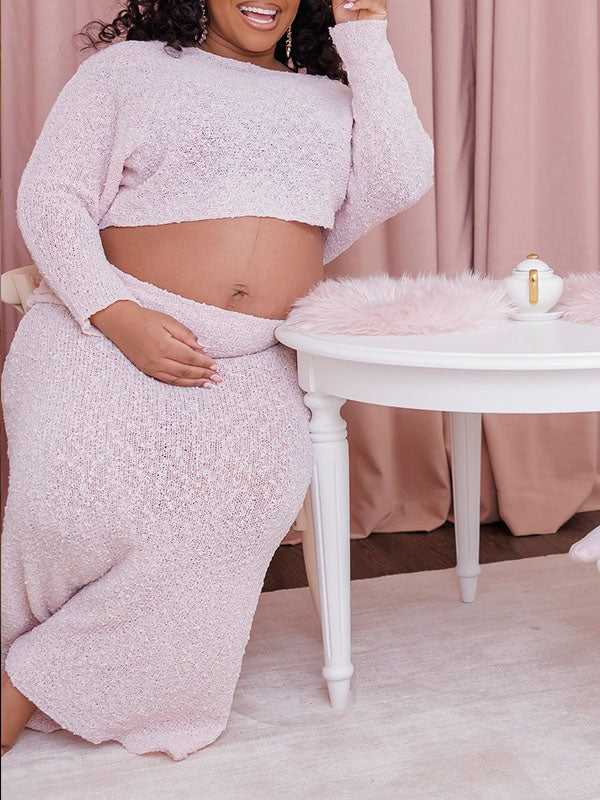 Momnfancy Pink Off Shoulder Knitwear 2-in-1 Crop Bodycon Photoshoot Maternity Maxi Dress