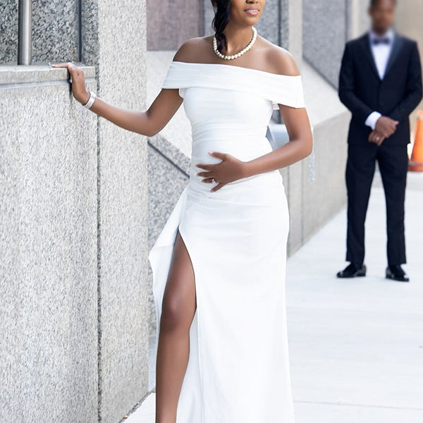 Momnfancy White Off Shoulder Side Slit Ruffle Party Gown Maternity Maxi Dress