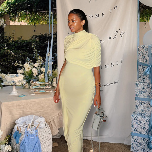 Momnfancy Backless Bodycon Ruched Side Slit Maternity Maxi Dress