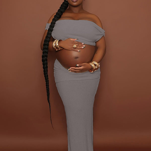 Momnfancy 2-in-1 Boat Neck Crop Trailing Open Back Maternity Maxi Dress