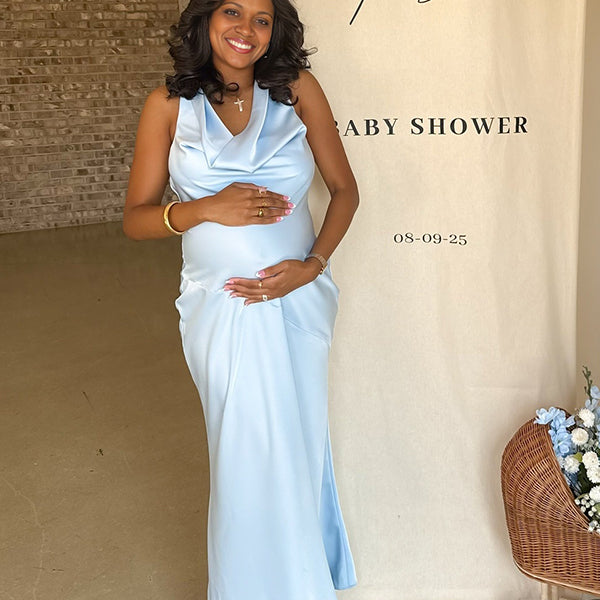 Momnfancy Halter Neck Open Back Mermaid Bodycon Maternity Maxi Dress