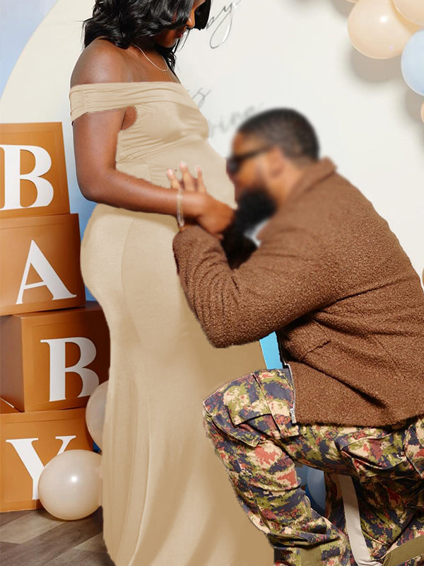 Momnfancy Boat Neck Side Slit Trailing Bodycon Maternity Maxi Dress