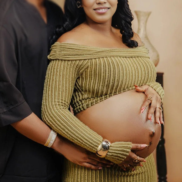 Momnfancy 2-in-1 Cut-out Knitted Boat Neck Maternity Maxi Dress