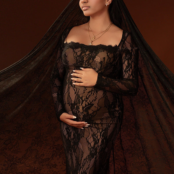 Momnfancy Square Neck Lace Splicing Bodycon Maternity Maxi Dress